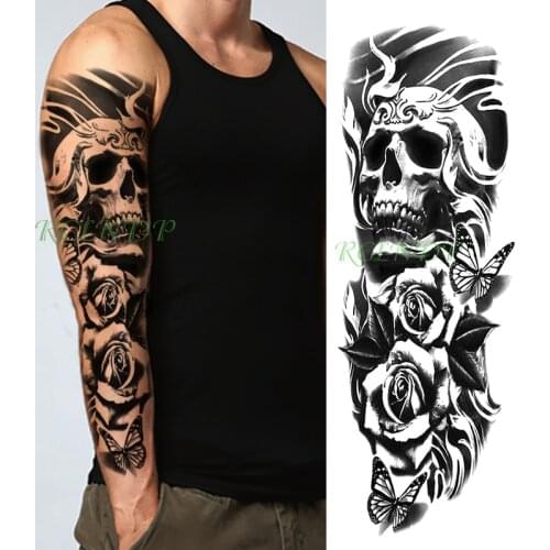 Waterproof temporary tattoo sticker totem skull butterfly rose flower black full arm fake tatoo flash sleeve tatto for men women