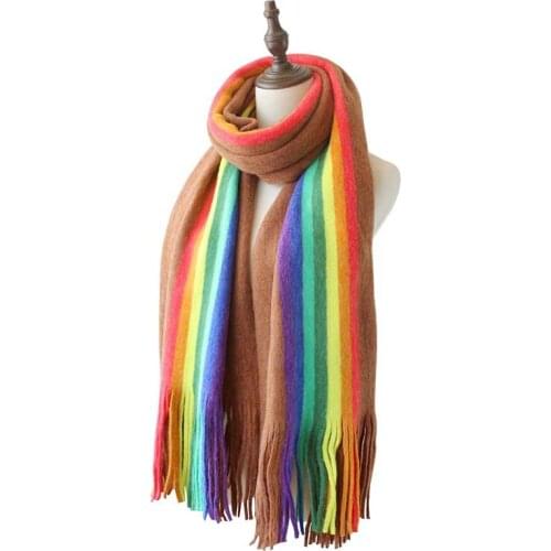 College Style Rainbow Stripe Knitting Women Cashmere Double sided Ladies Winter Thickening and Warming Neck Pashmina