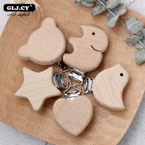 10PCs Beech Wood Pacifier Clip Animal Small Elephant Bird Heart-shaped Stars Baby DIY Essential Nipple Chain Accessories