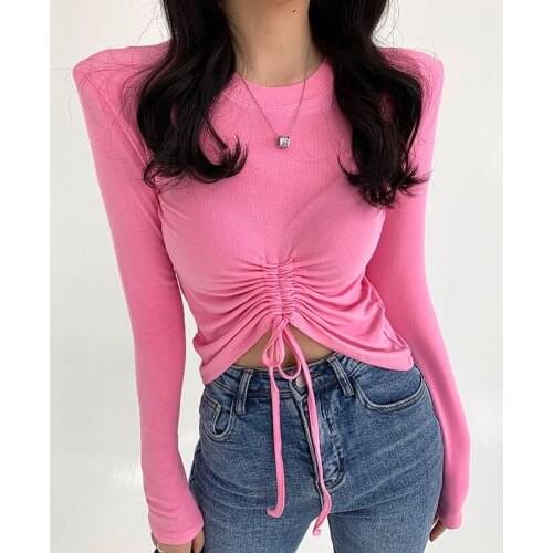 New Fashion Shoulder Pad Long Sleeve Women T-shirt Solid Color Autumn Winter Drawstring Slim Fit Short Tops Ladies Casual Tshirt