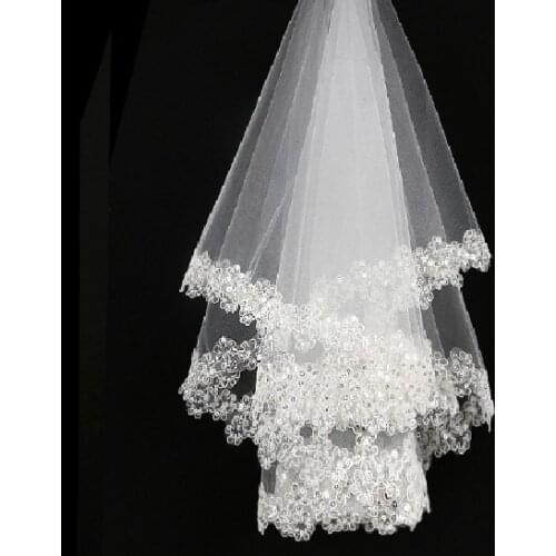 Women Bridal Short Wedding Veil White One Layer Lace Flower Edge Appliques Without Comb