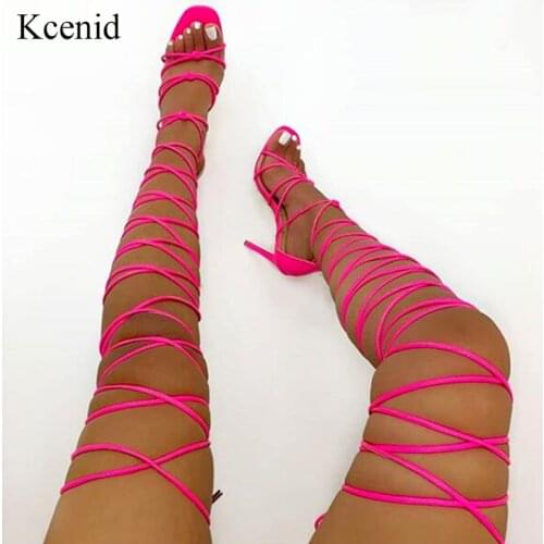Kcenid 2021 New women gladiator roman sandals open toe over the knee high leisure sandals high heel lace up shoes size 35-40