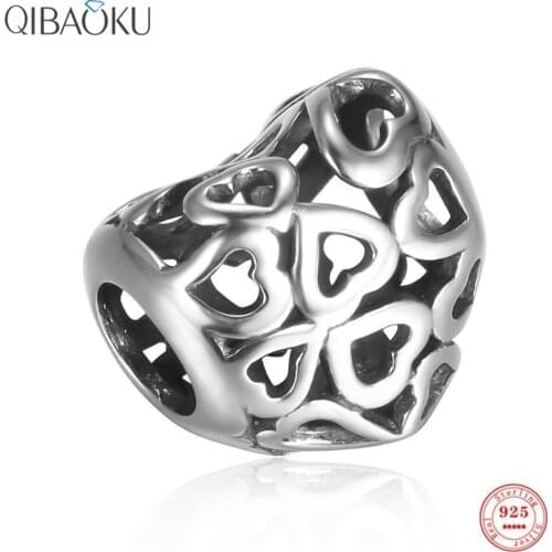S925 Sterling Silver Hollow Heart Shape Beads for Women Charm Bracelet Spacer Beads for Jewelry Making Forever Love Charm