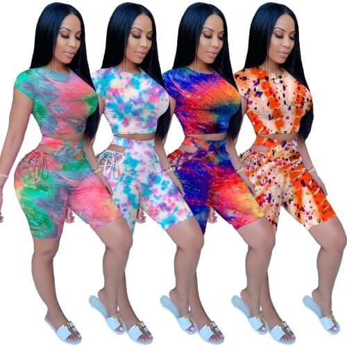 S-2XL 2021 fashion casual short sets for women summer clothing Tie dye hollow ribbed lace 2 piece outfit Wholesale Dropshipping
