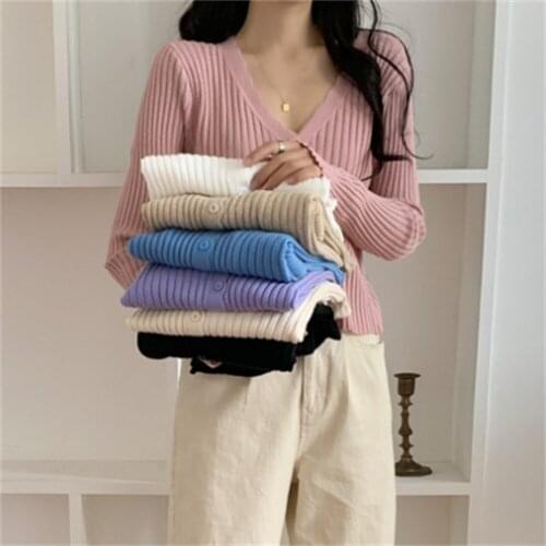 2021 Autumn Womens Knitted Sweater Button Up Cardigan Crop Tops Long Sleeve Casual Slim Coats Outwear Women Knitwear H812