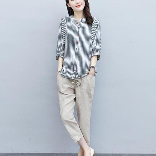 Cotton and Linen Women Two Piece Set Casual Vintage Lady Striped Half Sleeve Shirts Tops +Pants Suits Summer Clothes 2021 Y208