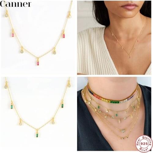 CANNER Bohemian Colorful Zircon Necklace for Women Charms Tassel Clavicle 925 Sterling Silver Chain Chockers Jewelry collares