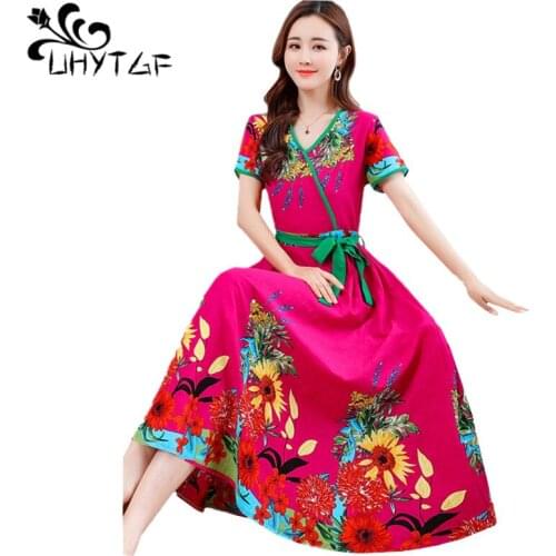 UHYTGF Elegant Mother Summer Dress Fashion Floral Cotton Silk Long Dress Women Vintage National Style 4XL Plus Size Dresses 2119
