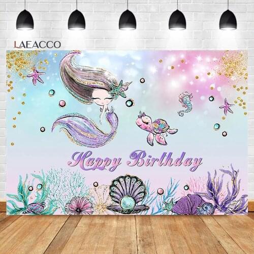 Laeacco Baby Birthday Party Background Cartoon Mermaid Colourful Tortoise Shell Child Customized Portrait Photography Backdrops
