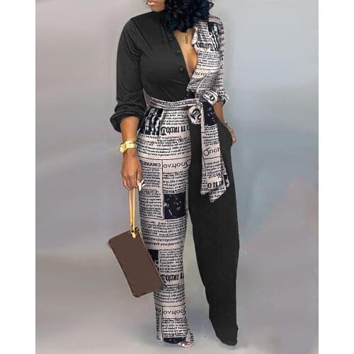 Fashion Newspaper Print Lace-Up Jumpsuits Full Sleeve Autumn Rompers High Waist Wide Leg Pants Temperament Overall Jumpsuits