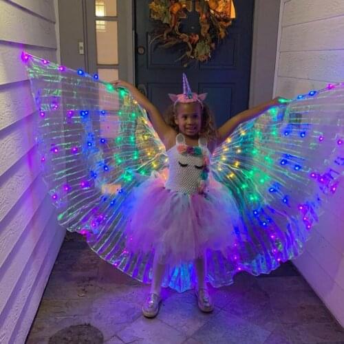 Halloween Angel Cosplay Wings Kid Girls 360 Degree LED Light Up Luminous Belly Isis Wings Carnival Party Wear Birthday Gift