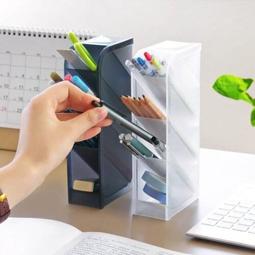 Multi-function Oblique insert sanding 4 Grid Desktop Pen Holder Office School Storage Case Clear Plastic Box Desk Organizer