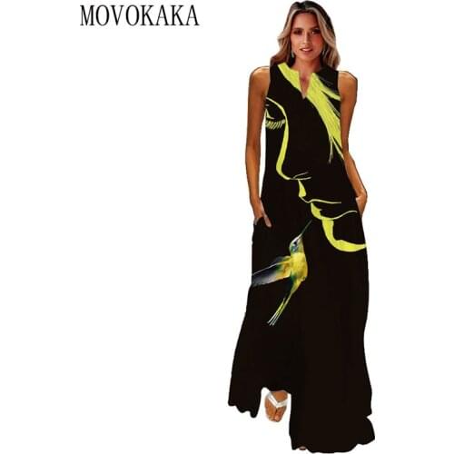 MOVOKAKA Human Face Print Dress 2021 Elegant Casual Vintage Holiday Dresses Woman Summer Beach Sleeveless Girls Long Dress Women