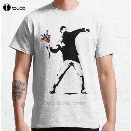 New Banksy Protester Throwing Flowers Classic T-Shirt Cotton Men Tee Shirt