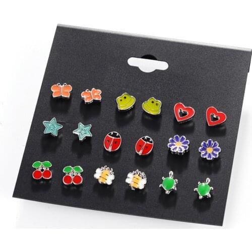 9PRS/SET Cute Mixed Colors Enamel Mushroom Tortoise Fox Animals Stud Earrings for Women Girls Pearl Heart Stud Earring Jewelry