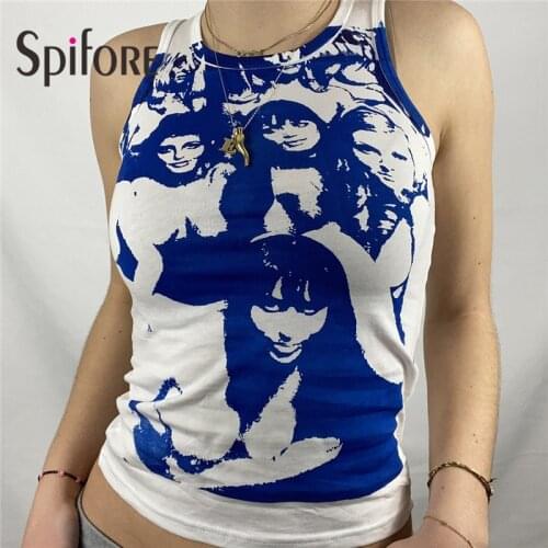 Spifore Portrait Print Women T-Shirt Casual Streetwear Summer Tank Tops Y2K Sleeveless O Neck Basic Sexy Crop Top