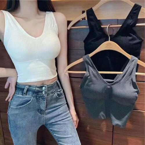 Women Tank Crop Top V-neck Camisole Sexy Female Camisoles Seamless Underwear With Removable Padded Camisole Fashion