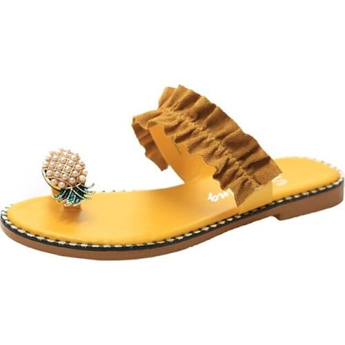 Women Flats Slippers Summer Casual Flip Flops Flowers Pearl Woman Flat Shoes 35-43 plus size Comfortable Female Beach Sandals