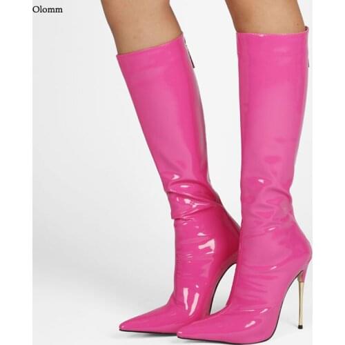 Olomm Women Winter Knee High Boots Metal Stiletto High Heels Boots Pointed Toe Gorgeous 8 Colors Party Shoes Women US Size 5-13