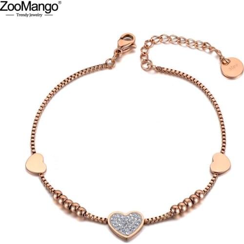 ZooMango Trendy Clay Crystal Love Heart Charm Bracelets For Women Stainless Steel CZ Chain Bracelet For Christmas Gift ZB19130