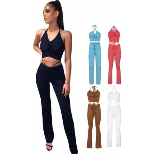 2021 Summer Streetwear High Waist Long Trousers Elegant Flare Pant Suit Women Sexy Crop Top 2 Piece Set