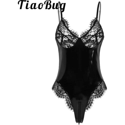 Women Wetlook Latex Bodysuit Sexy Lingerie Catsuit Erotic Porno Underwear Sex See-through Lace Cups Zip Croch Body Teddy Rompers