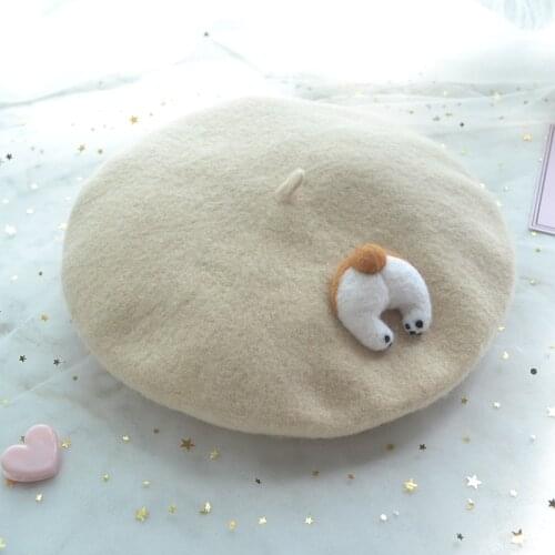 Kawaii Spring Cute corgi ass Beret Vintage Artist Painter Hat Khaki Women Wool Cap Thickening Warm Brooch Sweet Hat Wholesale