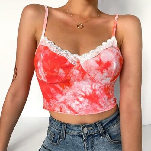 2020 HOT Elegant Orange Tie dye Crop Tops Summer Womens Floral lace Sleeveless Tanks Tops Tees Sexy