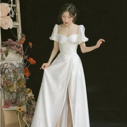 White Satin Elegant Evening Dress French Style Wedding Banquet Ladies Birthday One-shoulder Toast Dress Female Prom Dress A203