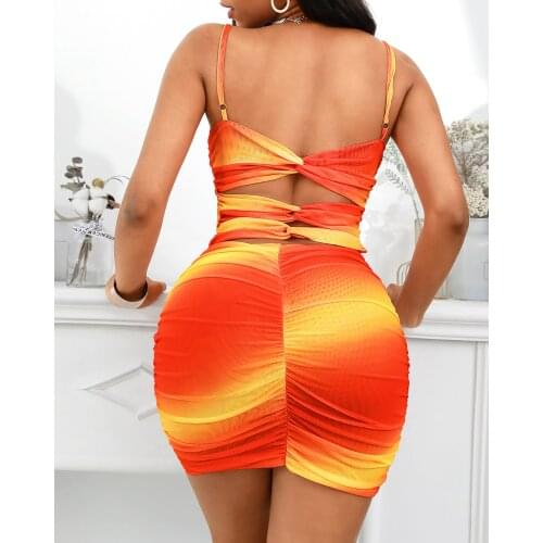 2021 Summer Tight Sexy Gradient Color Ruched Cutout Back Bandage Spaghetti Strap Mini Bodycon Dress Holiday Wear Corset Sundress
