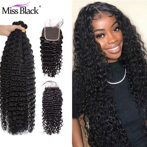 Miss Black Brazilian Deep Wave 3/4 Bundles Human Hair Extension With 4*4 Lace Closure Double Weft Bundles With Closure Swiss