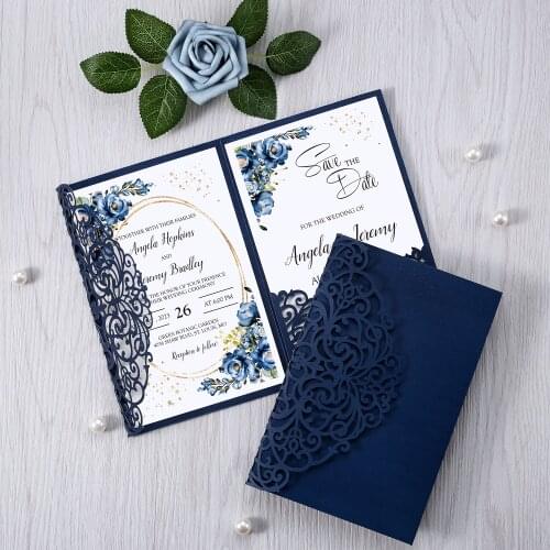50pcs Blue Glitter Invitation Pockets Shining Laser Cut Hollow Rose Wedding Invitations Cards with Envelopes