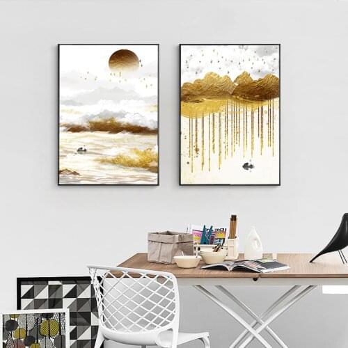 Nordic Abstract Landscape Poster Golden Mountain Sun Bird Canvas Painting Wall Art Pictures for Living Room Modern Home Decor