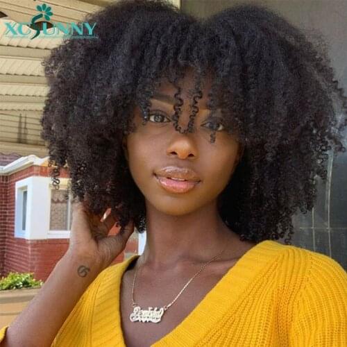 Afro Wig With Bangs 18inch 200 Density O Scalp Top Full Machine Made Wig Remy Brazilian Afro Kinky Curly Human Hair Wigs Xcsunny