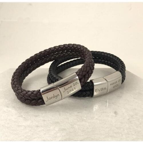 Genuine Leather Bracelet Customized Personality Engrave Name Date Stainless Steel Magnet Buckle Bangle Men Women Gifts Jewelry