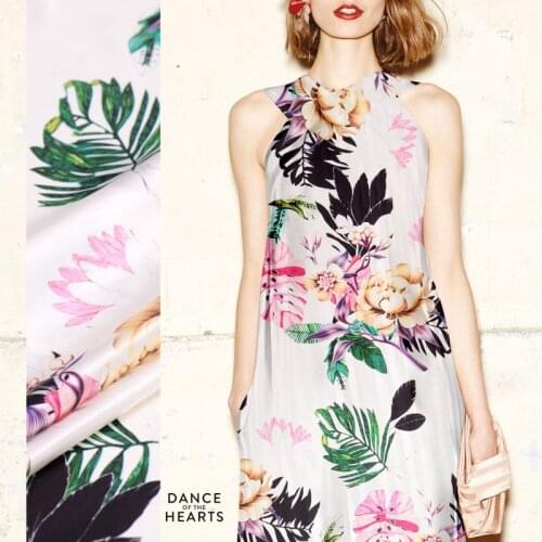 Digital inkjet Nordic floral silk fabric satin 19mm soft cheongsam dress silk stretch satin fabric wholesale silk cloth 108 cm