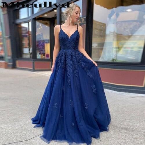 Mbcullyd Navy Blue Evening Dresses Long 2020 Soft Tulle A-line Prom Party Gowns With Applique Lace Formal robe de soiree