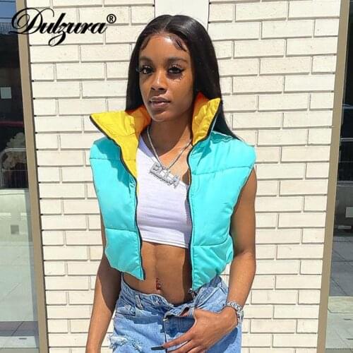 Dulzura 2021 Autumn Winter Women Cotton Padded Vest Jacket Zipper Warm Crop Top Casual Streetwear Casual Puffer Coats Outerwear