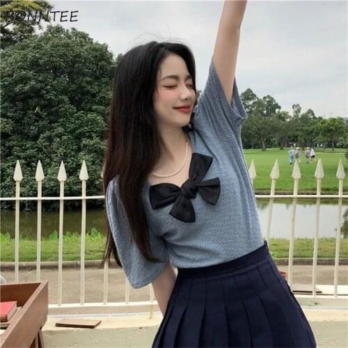 T-shirts Women Cozy Ulzzang Fashion O-neck Bowknot Loose Tops Girlish Lovely Simple Summer Knitted All Match Preppy Popular Chic