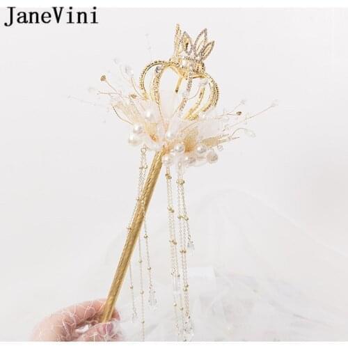 JaneVini 2020 Gold Bride Scepter Luxury Pearls Rhinestone Artificial Flower Wedding Bouquet Pageant Bridal Hand Hold Flower Pink