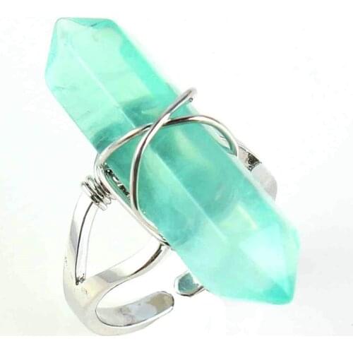 KFT Natural Stone Ring Hexagonal Column Green Fluorite Crystal Stone Resizable Finger Ring Women MenParty Wedding Jewelry