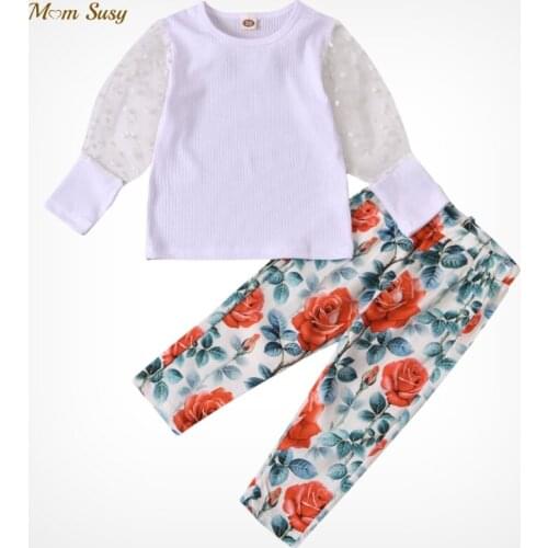 Fashion Baby Girl Clothes Set Lace Tshirt+Floral Pant 2pcs Infant Toddler Child Puff Sleeve Clothing Set Baby Clothes 1-7Y