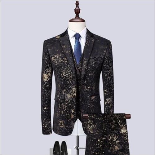 Retro Printing Mens Stage Host Costume Three-piece Suit (blazer vest trousers) Korean Slim Groom Banquet Suit