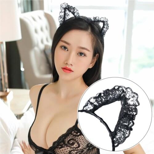 NIKOANA Sexy Womens Erotic Lace Cat Ears Faux Crystal Rhinestones Alloy Headband Hair Band Hair Hoop Sex Toys For Woman