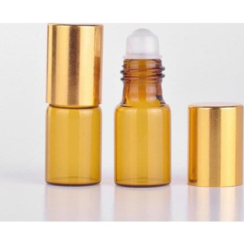 Wholesale 3ml Amber Brown glass roll on Refillable bottle Essential oils bottle Gold aluminum Cap LX1042