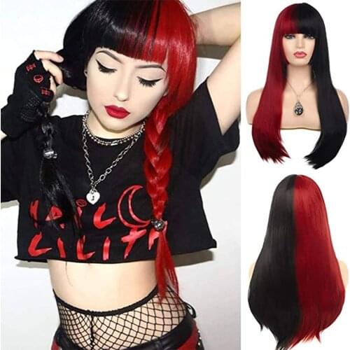FGY Black Red Long Hair Cosplay Two-color Ladies Wig Bangs Wig Synthetic Heat-resistant Straight Hair Halloween Costume Party