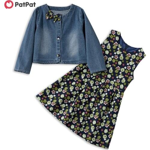 PatPat 2020 New Arrival Autumn and Spring Sweet Flower Allover Dress and Denim Coat Set Kids Girls Clothes