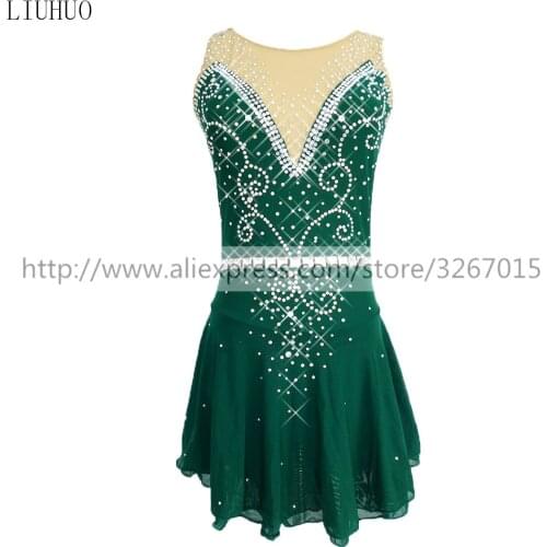 Figure Skating Dress Child Womens Girls' Ice Skating Dress Kids Competition Green sleeveless Round neck Shiny rhinestone