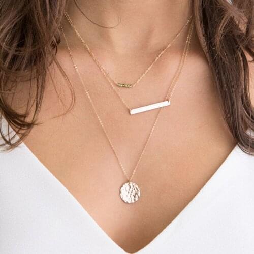 Hot sale geometric small round hammer stainless steel plate pendant gold necklace ladies fashion pendant necklace in 2020