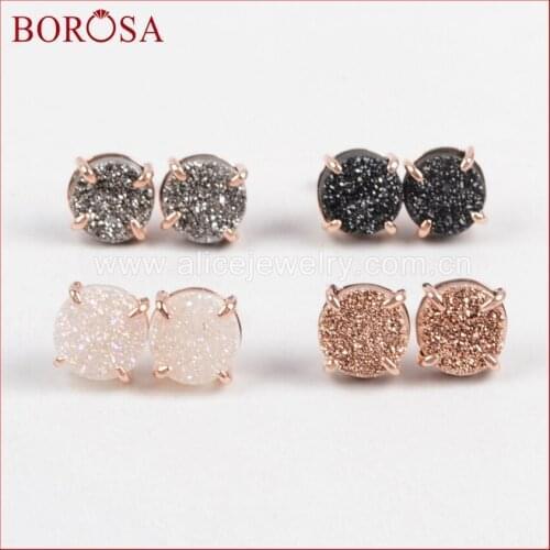 BOROSA 10mm Stud Earrings for Women Round Rose Gold Claw Titanium Multi-color Drusy Stone Geode Natural Druzy Earrings ZG0132